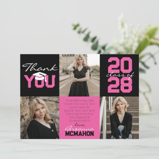 Heet Roze & Zwart 3 Foto Afstuderen Dank u Kaart (Staand voorkant)