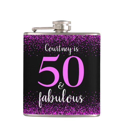 Heet roze zwart 50 en fabulous aangepaste naam mod heupfles (Voorkant)