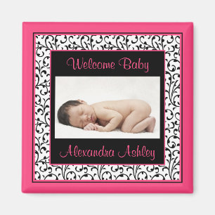Heet Roze Zwart Bloemen Damask Baby Fotomagneet Magneet