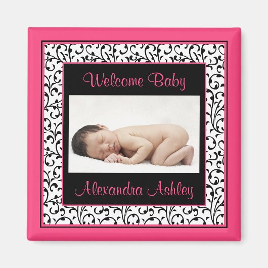 Heet Roze Zwart Bloemen Damask Baby Fotomagneet Magneet (Voorkant)