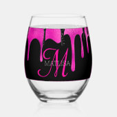 Heet Roze & Zwart Dripping Glitter Monogram Naam Wijnglas Zonder Voet (Voorkant)