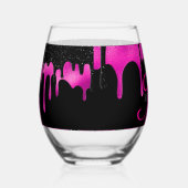 Heet Roze & Zwart Dripping Glitter Monogram Naam Wijnglas Zonder Voet (Rechts)