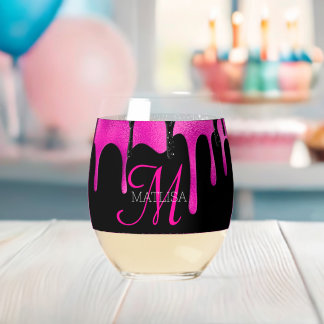 Heet Roze & Zwart Dripping Glitter Monogram Naam Wijnglas Zonder Voet