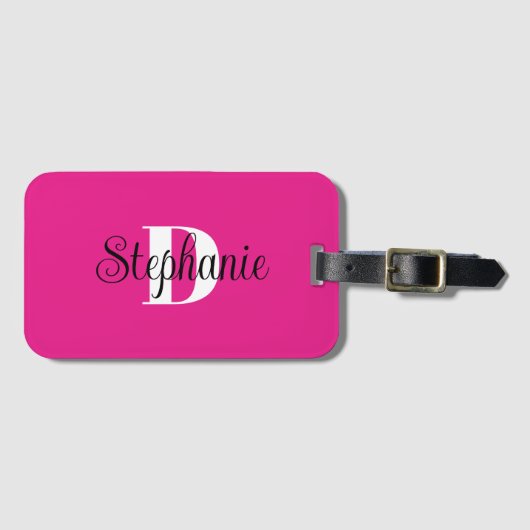Heet roze zwart en wit modern monogram bagagelabel (Voorkant (horizontaal))