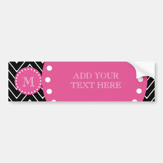 Heet roze, zwart en witte Chevron | Uw monogram Bumpersticker (Voorkant)