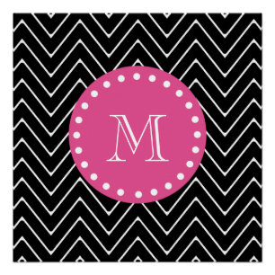 Heet roze, zwart en witte Chevron   Uw monogram Poster