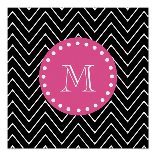 Heet roze, zwart en witte Chevron | Uw monogram Poster (Voorkant)