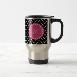 Heet roze, zwart en witte Chevron Uw monogram Reisbeker
