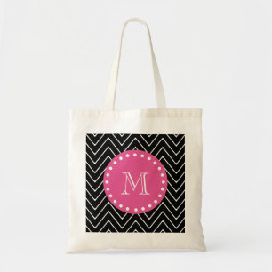 Heet roze, zwart en witte Chevron   Uw monogram Tote Bag