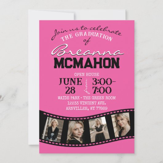 Heet Roze & Zwart Filmstrip 5 Foto Afstuderen Kaart (Voorkant)