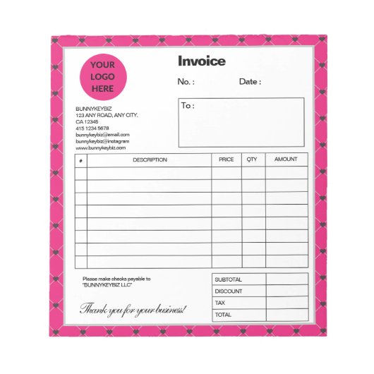 Heet roze zwart geruit bedrijfsfactuur notitieblok (Voorkant)