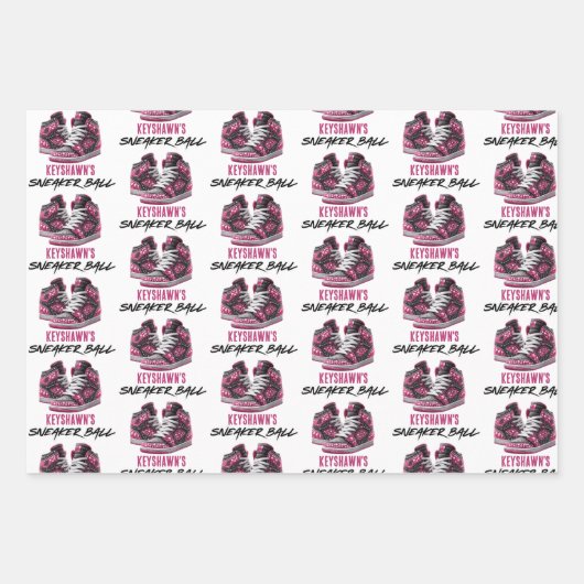 Heet Roze & Zwart Glitter Sneaker Bal Verjaardag Inpakpapier Vel (Voorkant 2)