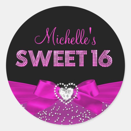Heet Roze & Zwart Hart Bow Sweet Sixteen Sticker (Voorkant)