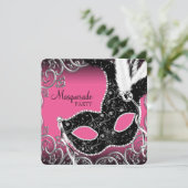 Heet roze zwart maskerade feest kaart (Staand voorkant)