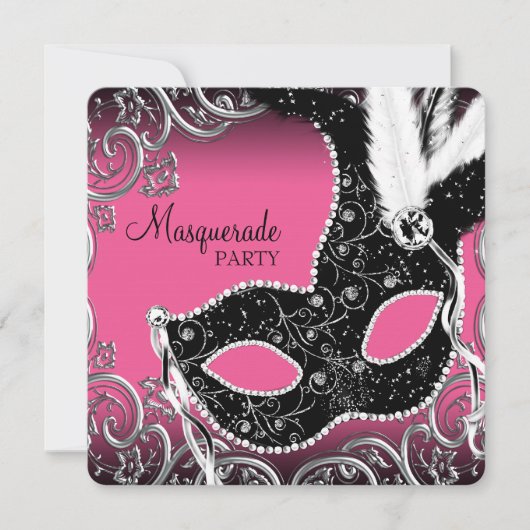 Heet roze zwart maskerade feest kaart (Voorkant)