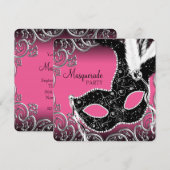Heet roze zwart maskeradefeest kaart (Voorkant / Achterkant)