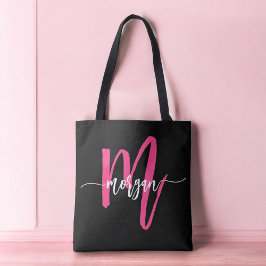 Heet Roze Zwart Moderne Script Meisjesachtig Monog Tote Bag