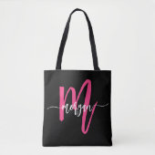 Heet Roze Zwart Moderne Script Meisjesachtig Monog Tote Bag (Voorkant)