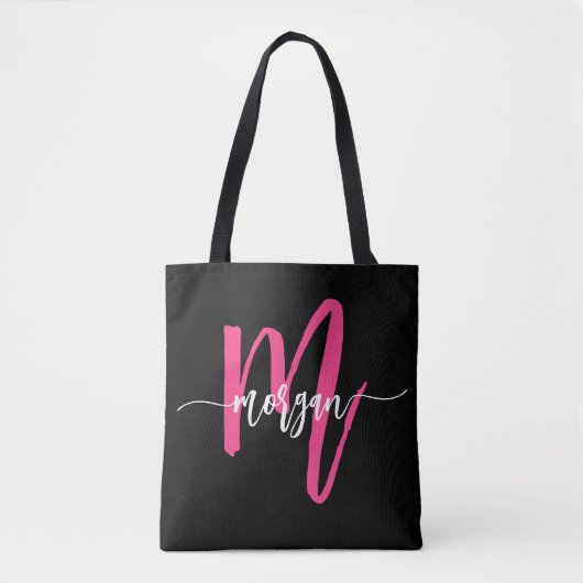 Heet Roze Zwart Moderne Script Meisjesachtig Monog Tote Bag (Voorkant)