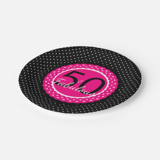 Heet Roze Zwart Stippen 50 & Fantastisch Verjaarda Papieren Bordje (Gekanteld)