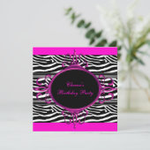 Heet Roze Zwart Wit Verjaardagsfeest Zebra Dier Kaart (Staand voorkant)