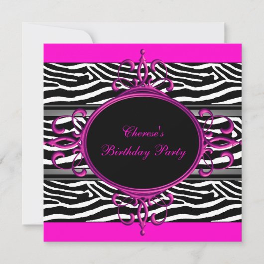 Heet Roze Zwart Wit Verjaardagsfeest Zebra Dier Kaart (Voorkant)