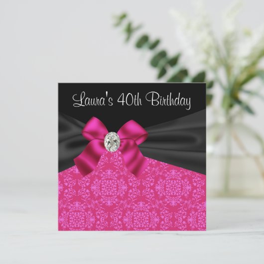Heet roze zwarte damast verjaardagsfeestje kaart (Staand voorkant)