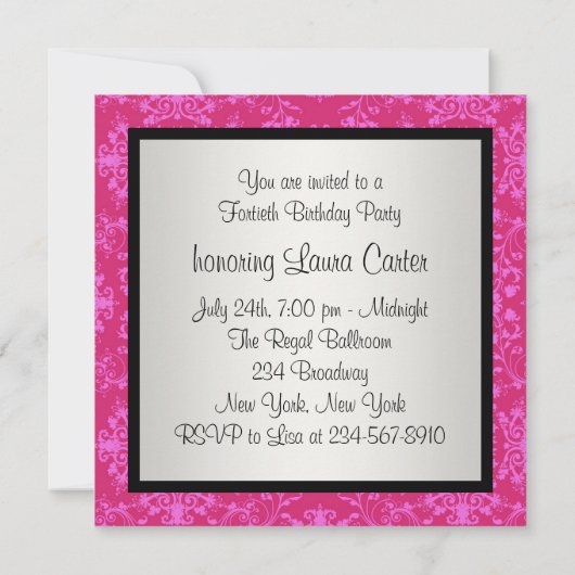 Heet roze zwarte damast verjaardagsfeestje kaart (Achterkant)