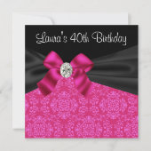 Heet roze zwarte damast verjaardagsfeestje kaart (Voorkant)