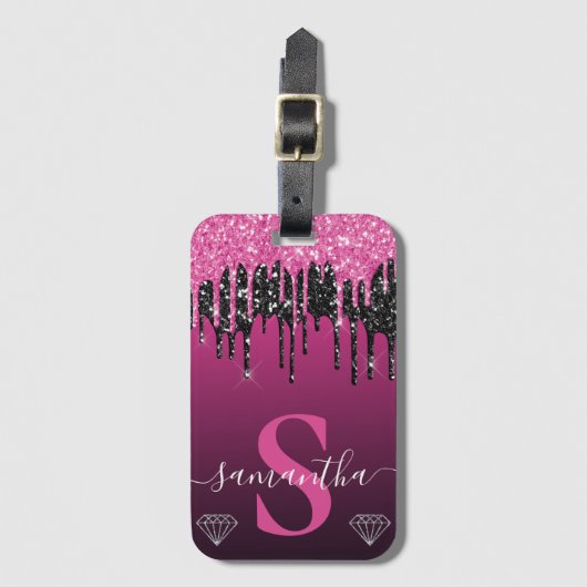 Heet roze & zwarte druipende glitters monogram bagagelabel (Voorkant (verticaal))