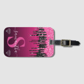 Heet roze & zwarte druipende glitters monogram bagagelabel (Voorkant (horizontaal))