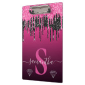 Heet roze & zwarte druipende glitters monogram klembord (Links)