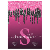 Heet roze & zwarte druipende glitters monogram klembord (Achterkant)