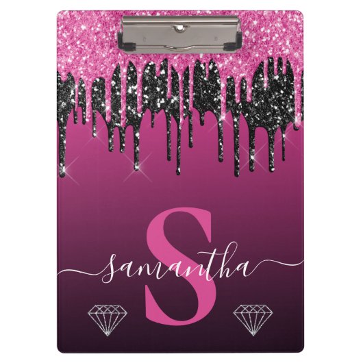 Heet roze & zwarte druipende glitters monogram klembord (Voorkant)