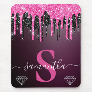 Heet roze & zwarte druipende glitters monogram muismat