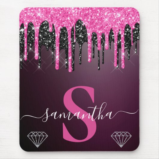 Heet roze & zwarte druipende glitters monogram muismat (Voorkant)