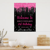 Heet roze & zwarte druipende glitters verjaardags  poster (Keuken)