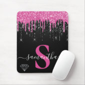 Heet Roze & Zwarte Druppelende Glitter Monogram Muismat (Met muis)