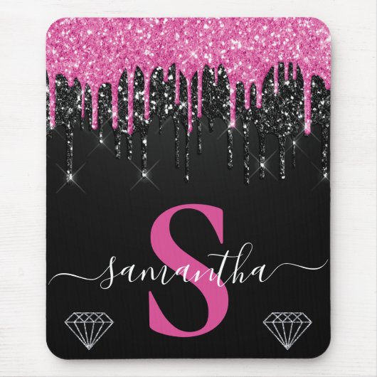Heet Roze & Zwarte Druppelende Glitter Monogram Muismat (Voorkant)