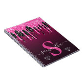Heet Roze & Zwarte Druppelende Glitter Monogram Notitieboek (Rechterzijde)
