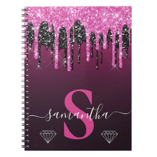 Heet Roze & Zwarte Druppelende Glitter Monogram Notitieboek (Voorkant)