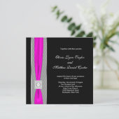 Heet Roze Zwarte Fuchsia Roze Strik Bruiloft Kaart (Staand voorkant)