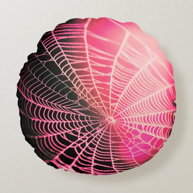 Heet Roze Zwarte Griezeldonkere Spinnenweb Rond Kussen (Voorkant)
