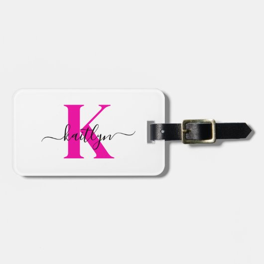 Heet Roze Zwarte Initiële Naam Monogram Bagagelabel (Voorkant horizontaal)