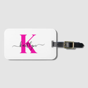 Heet Roze Zwarte Initiële Naam Monogram Bagagelabel