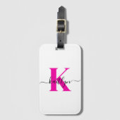 Heet Roze Zwarte Initiële Naam Monogram Bagagelabel (Voorkant (verticaal))