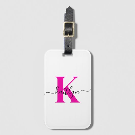 Heet Roze Zwarte Initiële Naam Monogram Bagagelabel (Voorkant (verticaal))