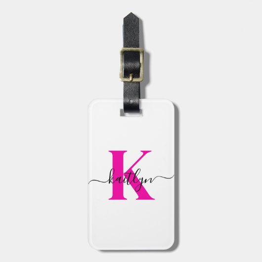 Heet Roze Zwarte Initiële Naam Monogram Bagagelabel (Voorkant verticaal)