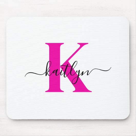Heet Roze Zwarte Initiële Naam Monogram Muismat (Voorkant)