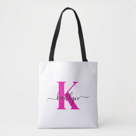 Heet Roze Zwarte Initiële Naam Monogram Tote Bag